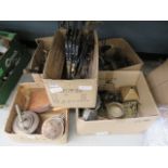 5 boxes containing brassware plus bellows, companion set, candlesticks, rose sprayer and horn