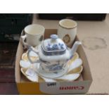 5467 Box containing commemorative ware, blue and white teapot and collectors plate