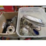 2 boxes containing quantity of silver plate inc. trays, vase, gravy boat, cutlery and dishes