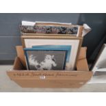 Box containing print of a horse, photo frame of still life with flowers plus a mirror