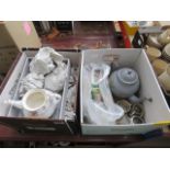 2 boxes containing Ladybird books, badges, silver plate and teapots
