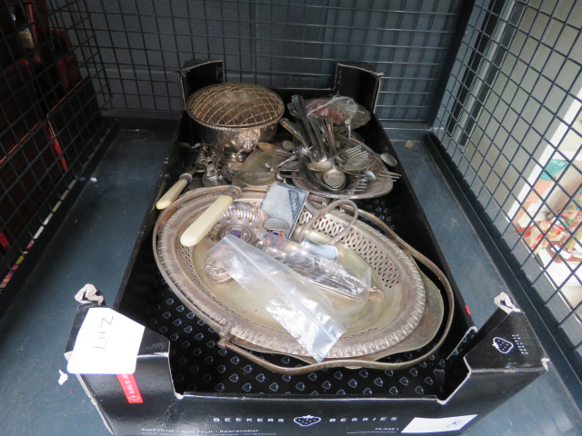 Cage containing loose cutlery plus silver plated dishes