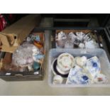 3 boxes containing decanters, glass bowls, plus toast rack, blue and white china, general crockery
