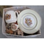 Box containing commemorative ware and glassware, and childs till