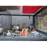 Cage containing die cast and other toy cars plus Hornby power control and toy steam wheels