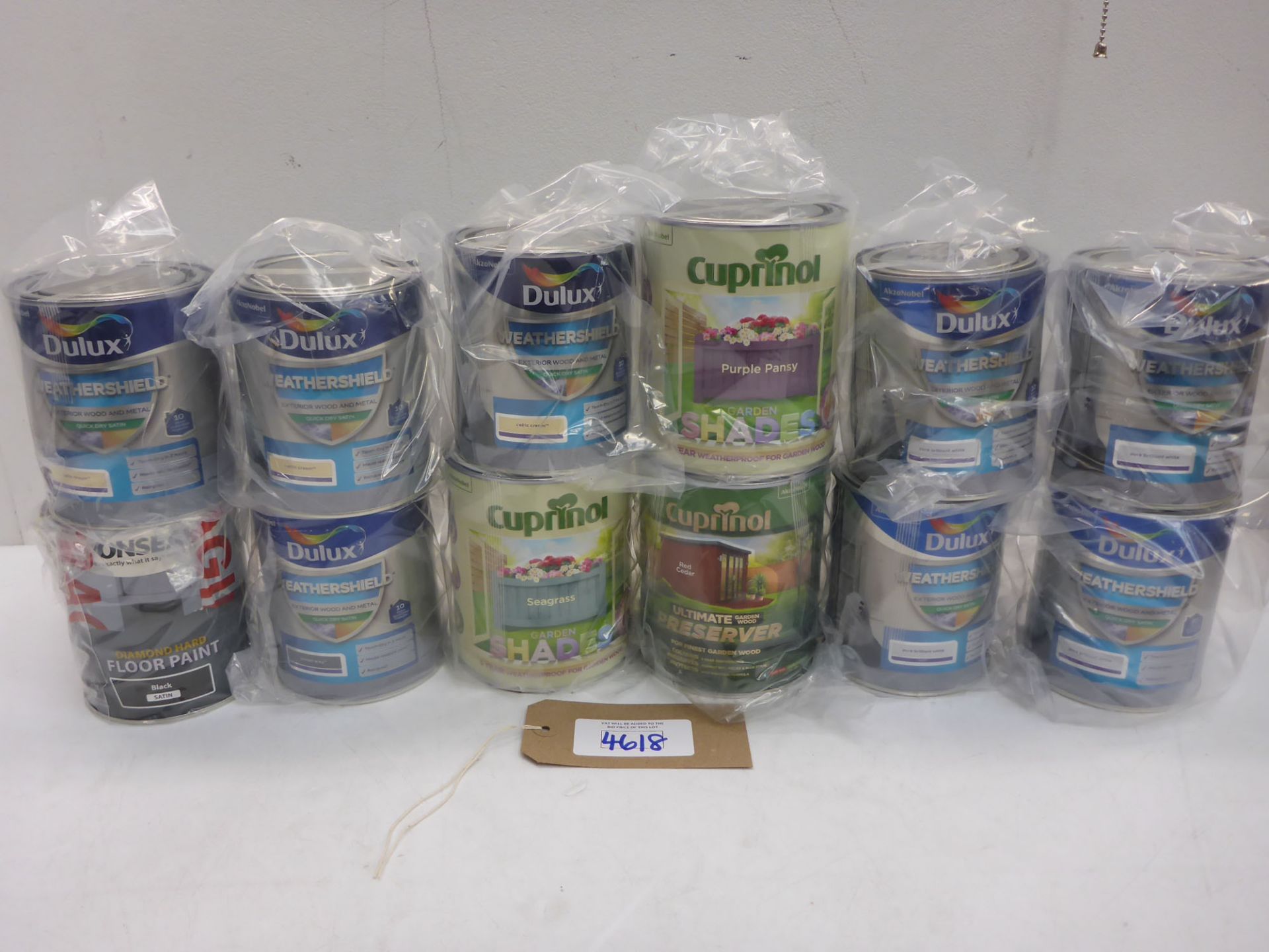 12 x 750ml cans of Cuprinol, Dulux & Ronseal garden shades, Weathershield & floor paints