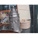 Modern metal beer stein plus a soap stone lidded pot