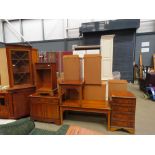 Repro yew glazed corner unit, 2 coffee tables, hifi cabinet, entertainment unit, and sidetable