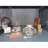 Cage containing ornamental decoy ducks, box containing a Spellicans game, cufflinks, candle,