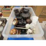 5360 - Box containing soapstone figures plus plates, wooden coasters and a carved wooden zebra