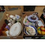 2 boxes containing a Staffordshire figure, amber glasses, lidded tureen plus blue and white china