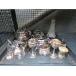 Cage containing a quantity of silver plate to include a tea service, sugar tongs, cake slice plus