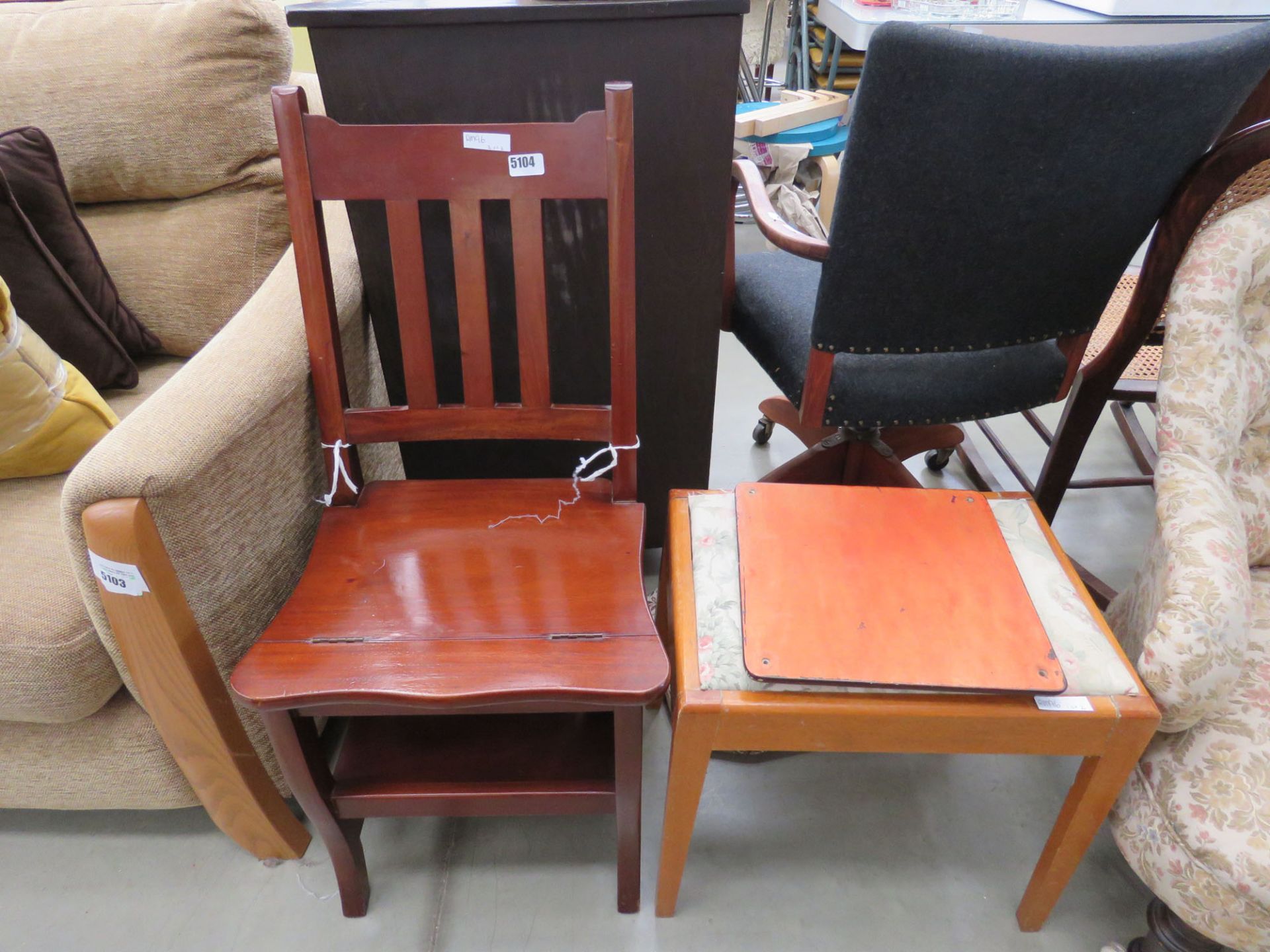 Convertible wooden step chair plus an upholstered stool