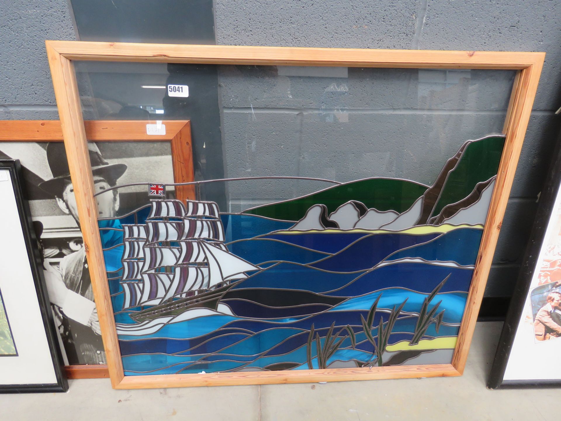 Stained glass and leaded panel, sailing ship at sea