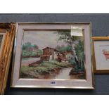 Oil on canvas; farm buildings and stream plus a print of a floral decorated bath