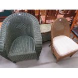 Green wicker armchair, Lloyd Loom style chair and ottoman