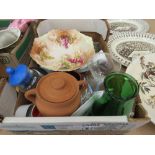 Box containing wine glasses, commemorative bell, fruit patterned bowl plus terracotta pot and