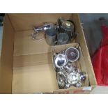 Box containing silver plate and pewter to include loose cutlery sets, coaster, gravy boats,