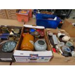 3 boxes containing tins, studio pottery, Quimper pottery and general china
