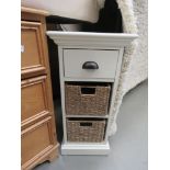 Cream painted cabinet with single drawer and 2 sea grass baskets