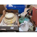 2 boxes containing floral patterned crockery, Richards Art glass vase, vases and an ornamental