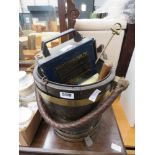 Brass and oak coal scuttle plus candles and household goods