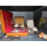2 cutlery canteens, 3 boxes containing medals, ornamental stone eggs, Charles Wells ornamental plate