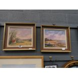 Pair of oils on board; farm buildings with fields of wheat plus beached boats