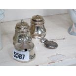 3 piece silver plate cruet set, part watch and a mustard spoon