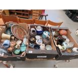 3 boxes containing studio pottery, carved gourd plus ornamental figures