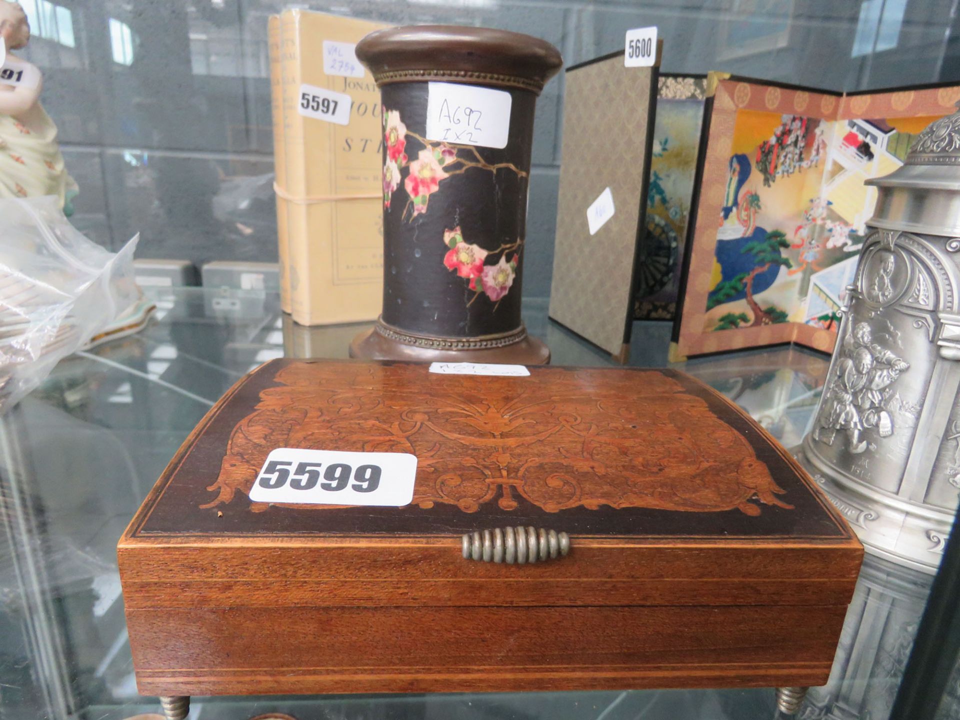 Bronze bird and floral patterned vase plus a wooden cigarette box