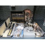 Cage containing boxed and loose cutlery plus silver plate to include candlesticks, serving tray,