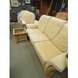 Bent cane conservatory suite comprising 3 seater sofa, pair of matching armchairs, circular table, 2