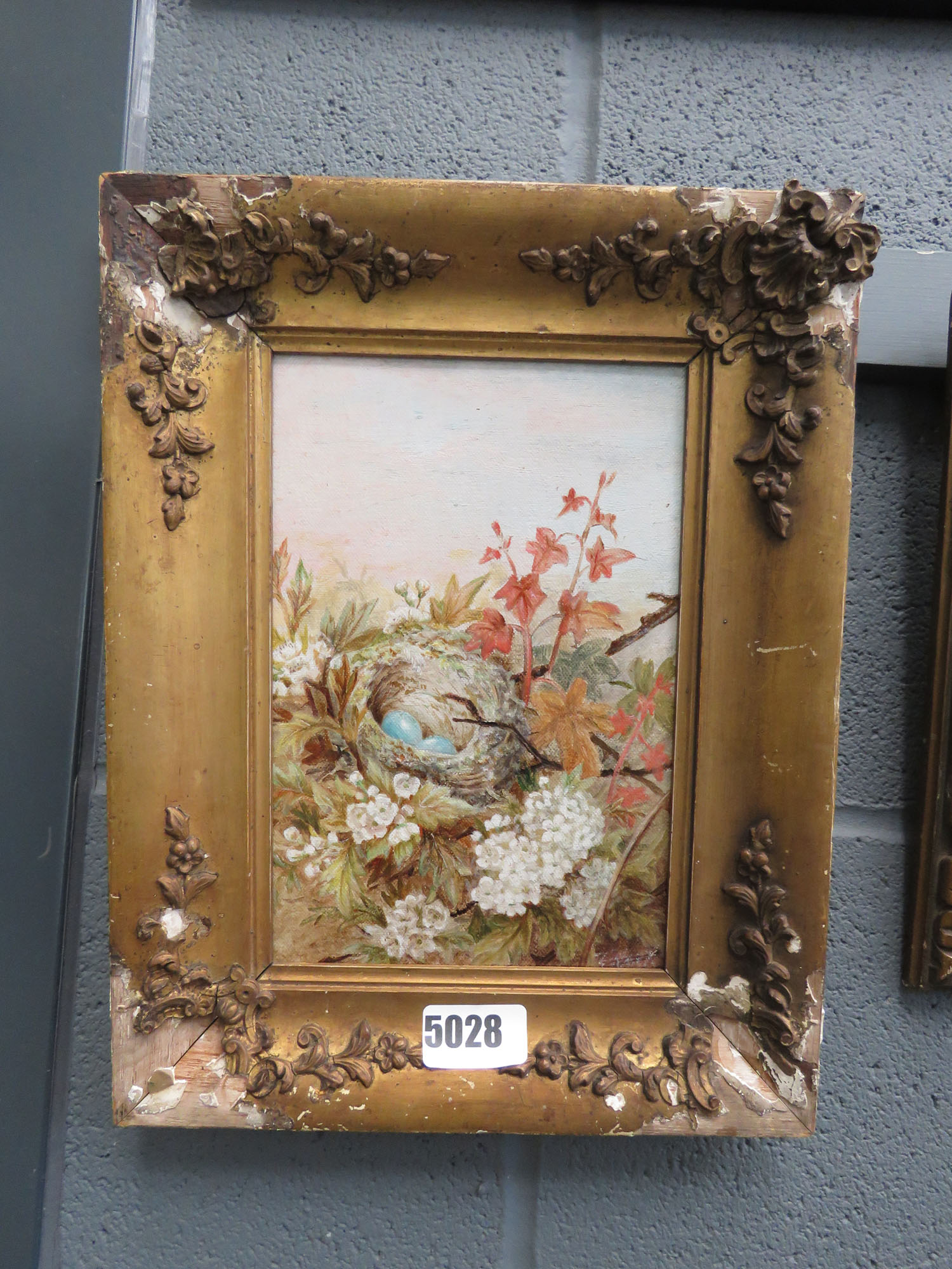 Oil on card; bird nest in foliage