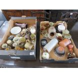 2 boxes containing pottery, goblets, vases, bowls and a carriage clock and treen