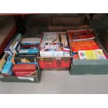 3 boxes containing childrens books, gardening books, dictionaries and encyclopedia