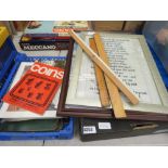 2 boxes containing placemats, loose prints, coin reference book, rulers, prints and china