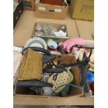 3 boxes containing an ornamental trike, light shades, candlesticks, Sylvac style figure of a