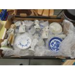 Box containing blue and white and other crockery plus ornamental figures