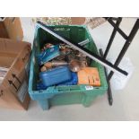Plastic tub containing silver plated goblets, corkscrews, golfing trophies, petty cash box and