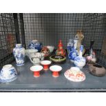 Cage containing Chinese teacups, gourd, vases, ginger jar (a/f) plus various vases