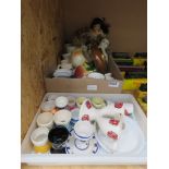 Box containing egg cups plus a box containing dolls, commemorative ware, barometer, jug and