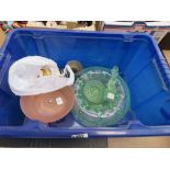 Box containing coloured glass vases plus coloured glass bowls