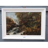 Oil on board of a waterfall with cottage and woodland