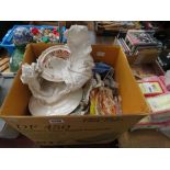 Box containing floral and bird patterned Royal Crown Derby crockery