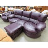 Aubergine leather 3 seater sofa plus a swivel cuddle chair and a footstool