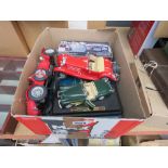 Box containing toy Bburago cars plus a Trivia Pursuit game