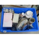 Box containing a quantity of crockery, tumblers and a letter rack