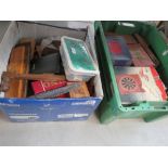 2 boxes containing cribbage boards, chess pieces and a quantity of cards and board games