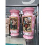 Pair of pink glazed and transfer printed vases (a/f)